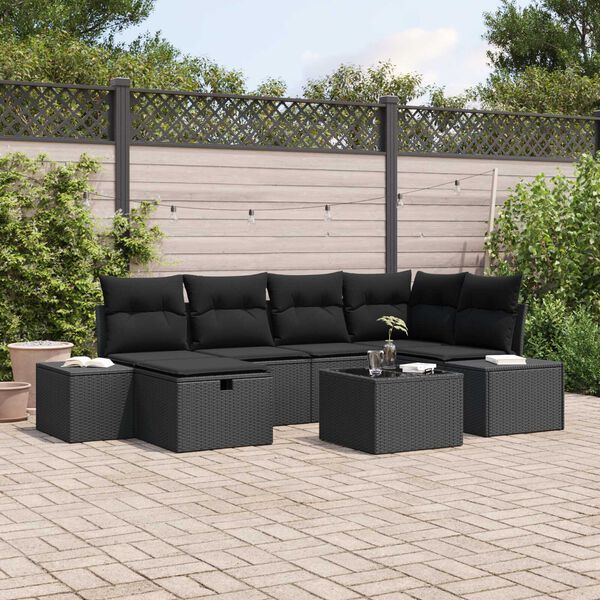 vidaXL Conjunto de Sof&aacute; de Jardim com almofada 7 pcs Preto vime PE