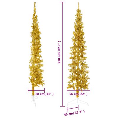 vidaXL Meia árvore de Natal fina com suporte 210 cm dourado