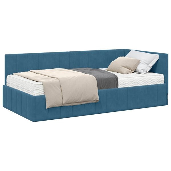 vidaXL Estrutura de Cama de Canto com Colch&atilde;o 2 pcs Azul Veludo