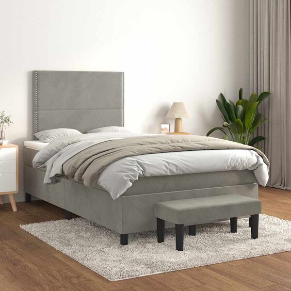vidaXL Cama boxspring com colch&atilde;o 120x190 cm veludo cinzento-claro