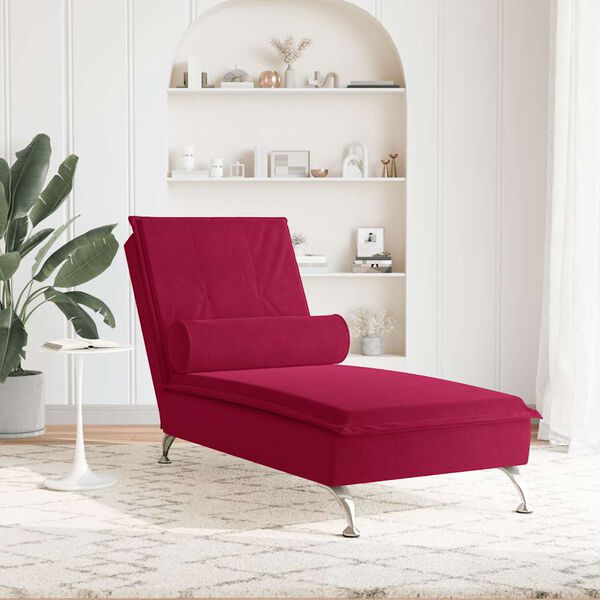 vidaXL Chaise lounge de massagem com rolo veludo vermelho tinto