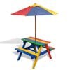 vidaXL Mesa piquenique infantil + bancos/guarda-sol madeira multicor