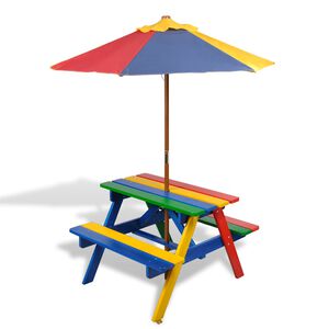 vidaXL Mesa piquenique infantil + bancos/guarda-sol madeira multicor