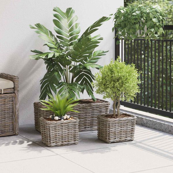 vidaXL Cesta de Plantas com armazenamento 3 pcs Cinzeto Rattan Kubu