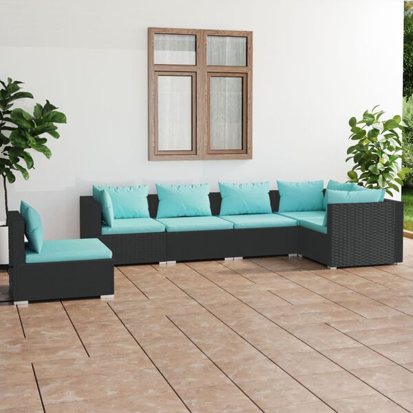 vidaXL 6 pcs conjunto lounge de jardim c/ almofad&otilde;es vime PE preto