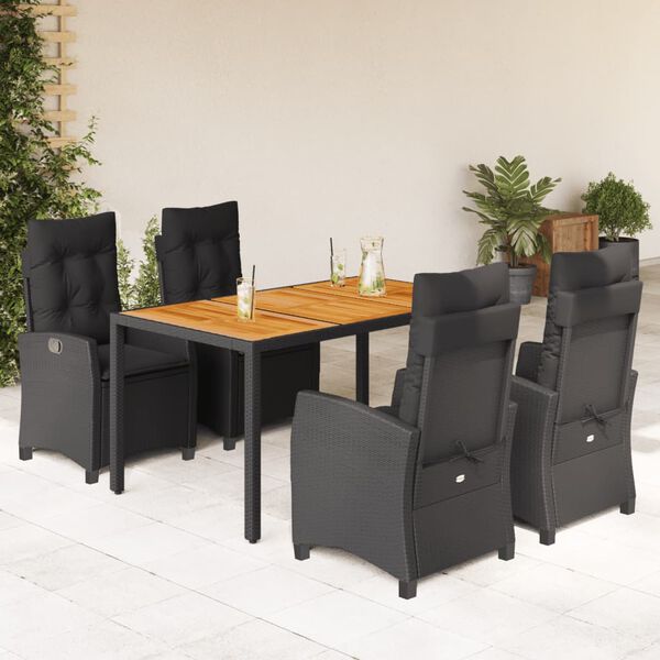 vidaXL 5 pcs conjunto de jantar p/ jardim c/ almofad&otilde;es vime PE preto