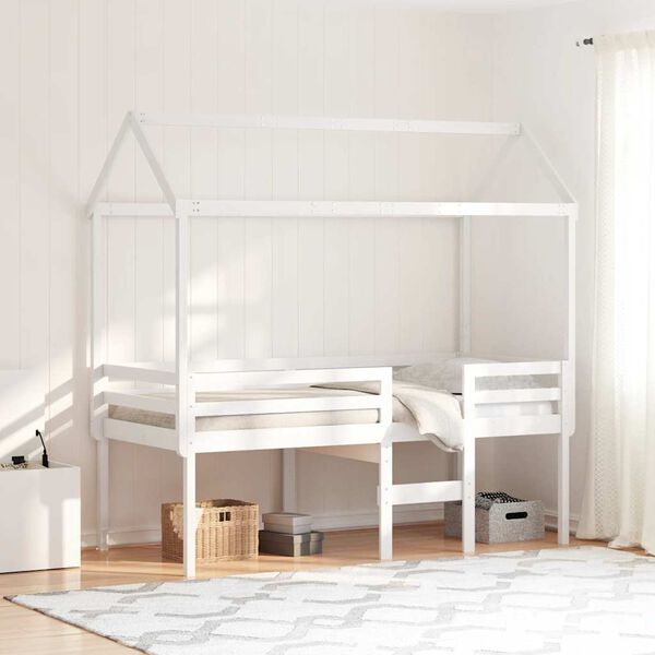 vidaXL Cama alta com telhado 90x200 cm pinho maci&ccedil;o branco