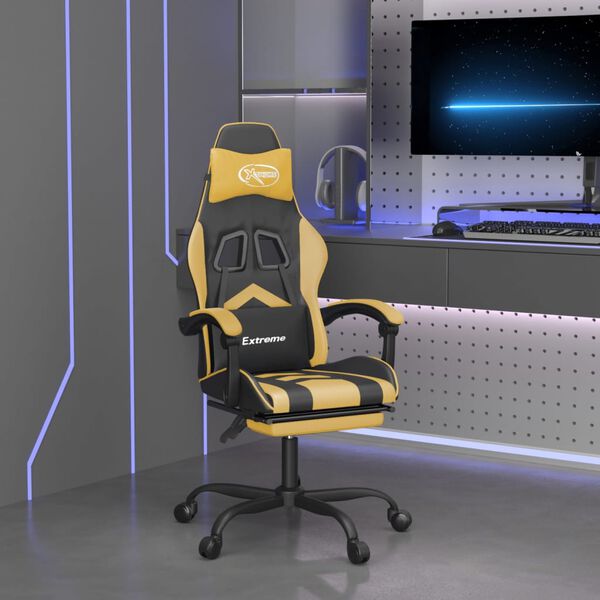 vidaXL Cadeira gaming girat&oacute;ria + apoio couro artificial preto/dourado