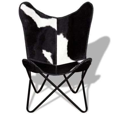 vidaXL Cadeira borboleta pele de vaca genuína preto e branco