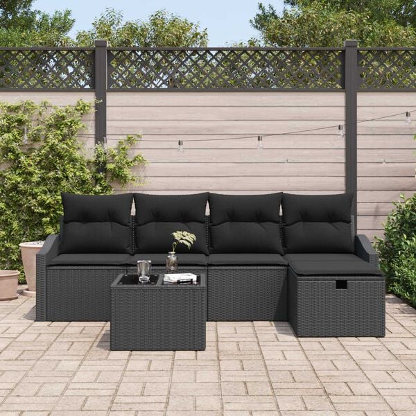 vidaXL Conjunto de Sof&aacute;s com almofada 6 pcs Preto vime PE