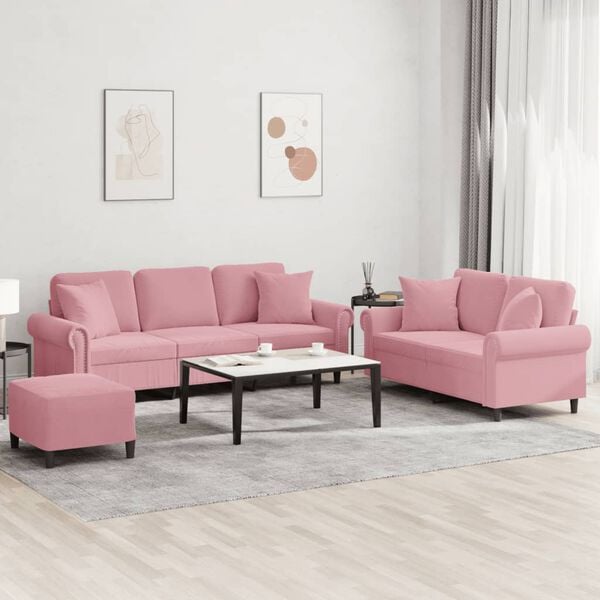 vidaXL 3 pcs conjunto de sof&aacute;s com almofadas veludo rosa