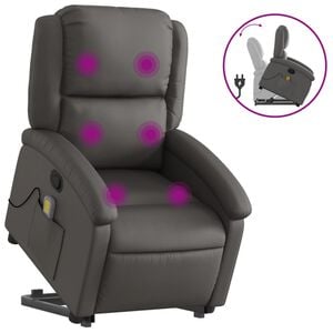 vidaXL Poltrona de massagens reclin&aacute;vel elevat&oacute;ria couro genu&iacute;no cinza
