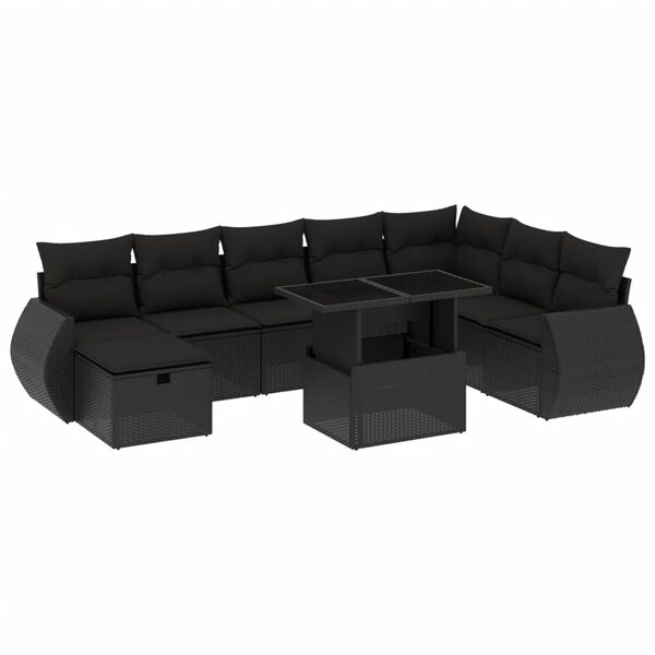 vidaXL 9 pcs conjunto de sof&aacute;s p/ jardim c/ almofad&otilde;es vime PE preto