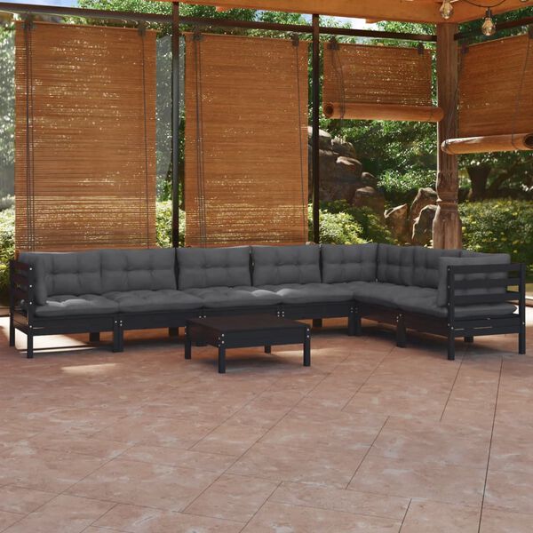 vidaXL 8 pcs conjunto lounge jardim c/ almofad&otilde;es pinho maci&ccedil;o preto