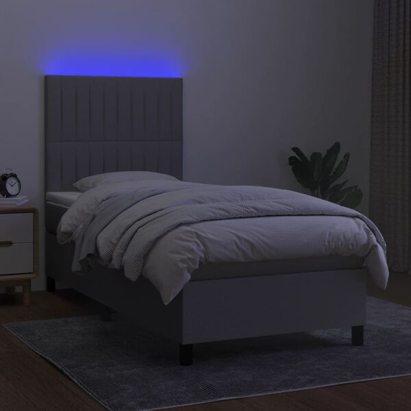 vidaXL Cama box spring c/ colch&atilde;o e LED 90x200 cm tecido cinza-claro