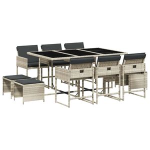 vidaXL 11 pcs conjunto jantar p/ jardim c/ almofad&otilde;es vime PE cinzento
