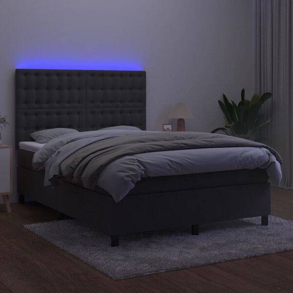 vidaXL Cama box spring c/ colch&atilde;o/LED 140x200cm veludo cinzento-escuro