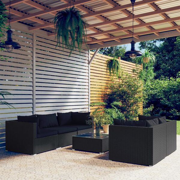 vidaXL 6 pcs conjunto lounge de jardim c/ almofad&otilde;es vime PE preto