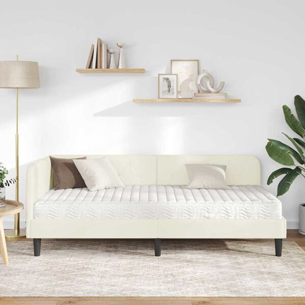 vidaXL Estrutura de Cama de Canto com colch&atilde;o Creme 90 x 200 cm Veludo