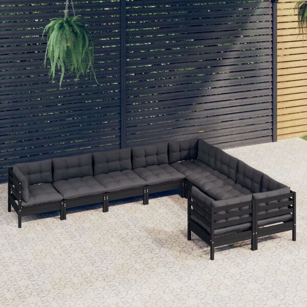 vidaXL 9 pcs conjunto lounge de jardim c/ almofad&otilde;es pinho preto