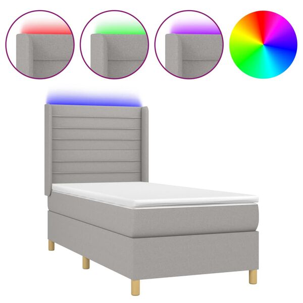 vidaXL Cama box spring c/ colch&atilde;o e LED 100x200 cm tecido cinza-claro
