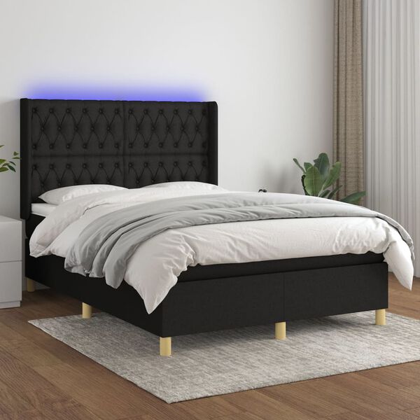 vidaXL Cama box spring c/ colch&atilde;o e LED 140x200 cm tecido preto