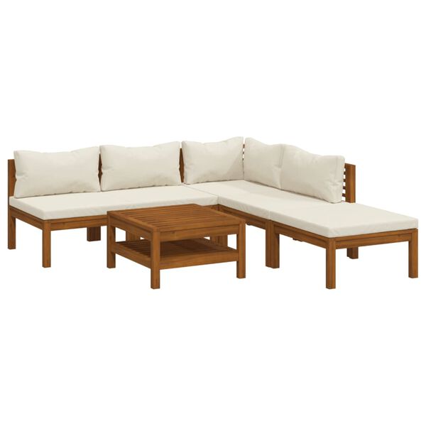 vidaXL 6 pcs conjunto lounge jardim c/ almofadões creme acácia maciça