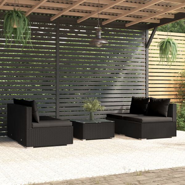 vidaXL 5 pcs conjunto lounge de jardim c/ almofad&otilde;es vime PE preto