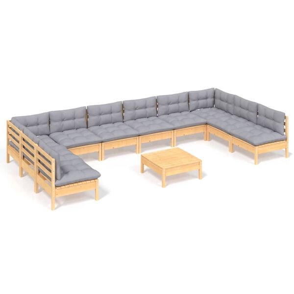 vidaXL 11pcs conjunto lounge de jardim + almofadões cinza pinho maciço