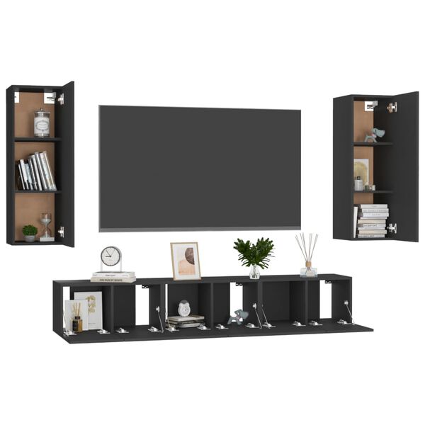 vidaXL 5 pcs conjunto de m&oacute;veis de TV derivados de madeira preto