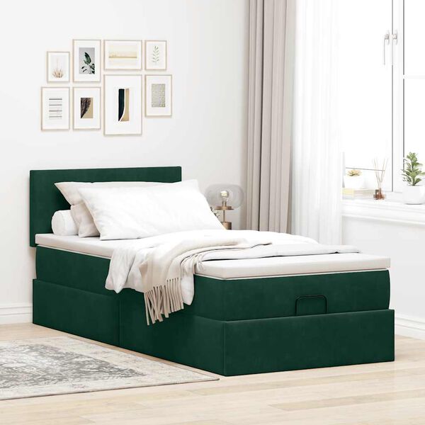 vidaXL Cama otomana com colch&atilde;o & LEDs 80x200cm veludo verde-escuro