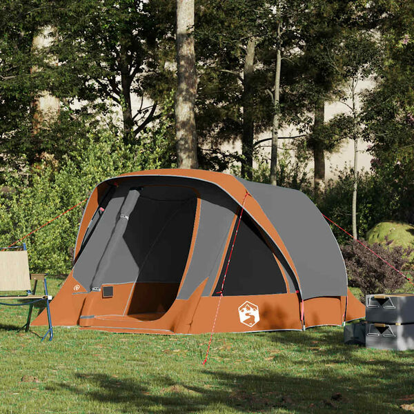 vidaXL Tenda de campismo cabana p/ 4 pessoas imperme&aacute;vel cinza/laranja