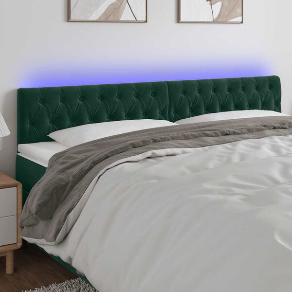 vidaXL Cabeceira de cama c/luzes LED veludo 200x7x78/88cm verde-escuro