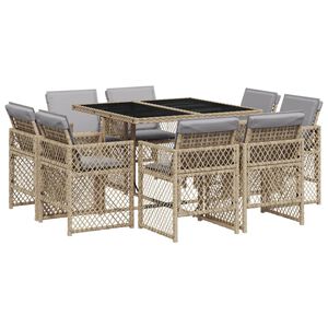 vidaXL 9 pcs conj. jantar jardim c/ almofad&otilde;es vime PE bege misturado