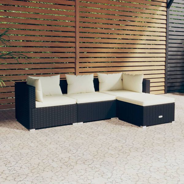 vidaXL 4 pcs conjunto lounge de jardim c/ almofadões vime PE preto