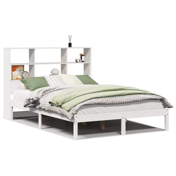 vidaXL Cama com estante sem colch&atilde;o 140x200 cm pinho maci&ccedil;o branco