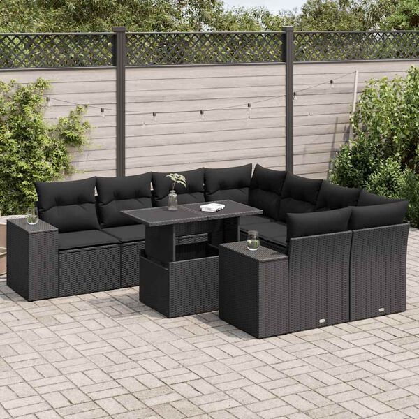vidaXL 9 pcs conjunto de sof&aacute;s p/ jardim c/ almofad&otilde;es vime PE preto