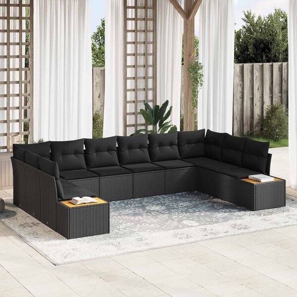 vidaXL Conjunto de Sof&aacute; de Jardim com almofada 10 pcs Preto Polirattan