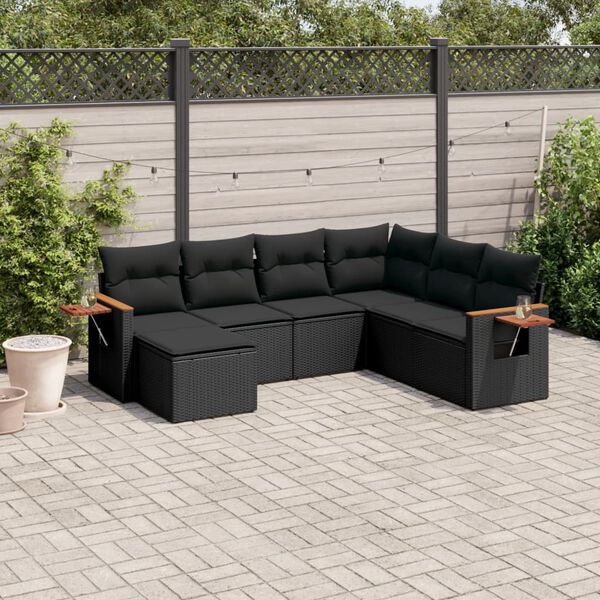 vidaXL 7 pcs conjunto de sof&aacute;s p/ jardim c/ almofad&otilde;es vime PE preto