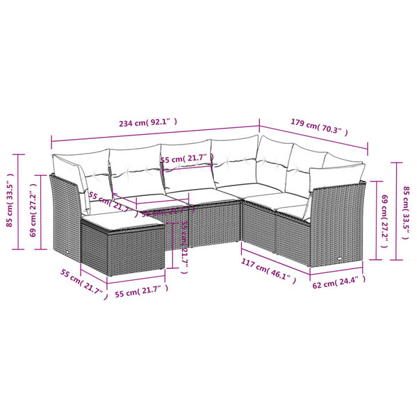 vidaXL 7 pcs conjunto sofás p/ jardim c/ almofadões vime PE cinzento