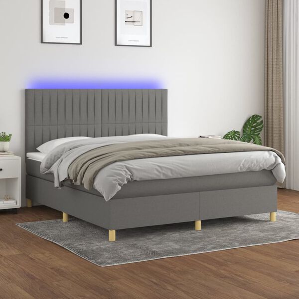 vidaXL Cama box spring c/ colch&atilde;o e LED 180x200 cm tecido cinza-escuro