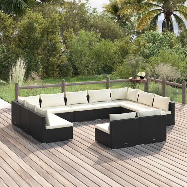 vidaXL 11 pcs conjunto lounge de jardim c/ almofad&otilde;es vime PE preto