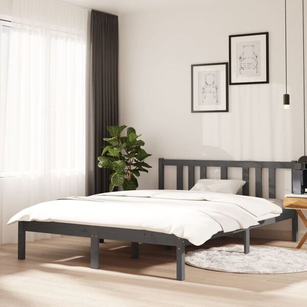 vidaXL Estrutura de cama casal 135x190 cm madeira maci&ccedil;a cinzento