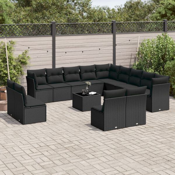 vidaXL 14 pcs conjunto de sof&aacute;s p/ jardim c/ almofad&otilde;es vime PE preto