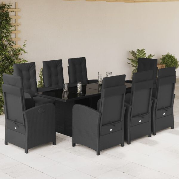 vidaXL 9 pcs conjunto de jantar p/ jardim c/ almofad&otilde;es vime PE preto