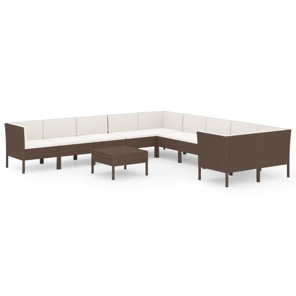vidaXL 11 pcs conjunto lounge jardim c/ almofad&otilde;es vime PE castanho