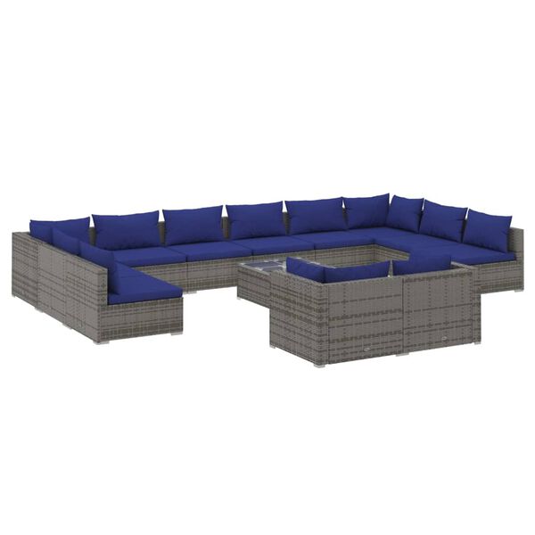 vidaXL 13 pcs conjunto lounge de jardim c/ almofad&otilde;es vime PE cinzento