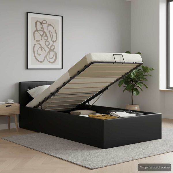 vidaXL Cama hidráulica c/ arrumação 90x200cm couro artificial preto