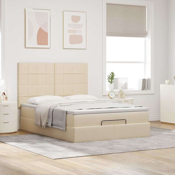 vidaXL Estrutura de cama otomana com colch&atilde;o tecido creme 140x200cm