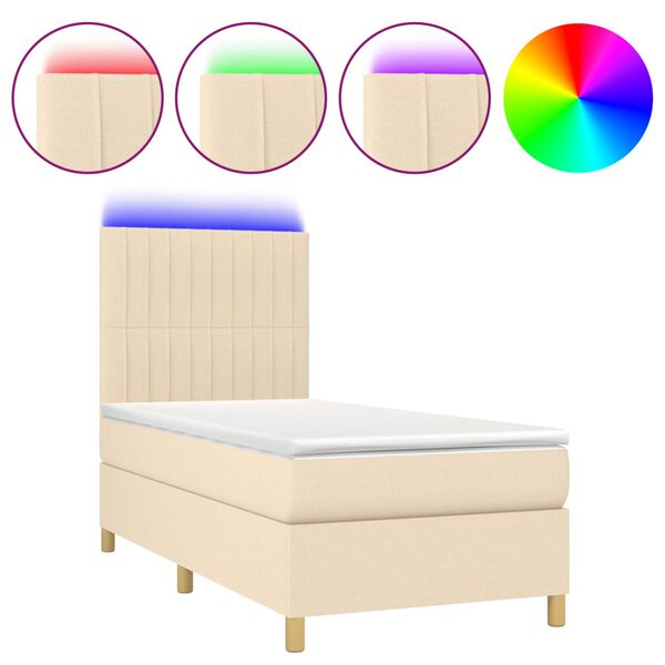 vidaXL Cama box spring c/ colch&atilde;o e LED 100x200 cm tecido cor creme